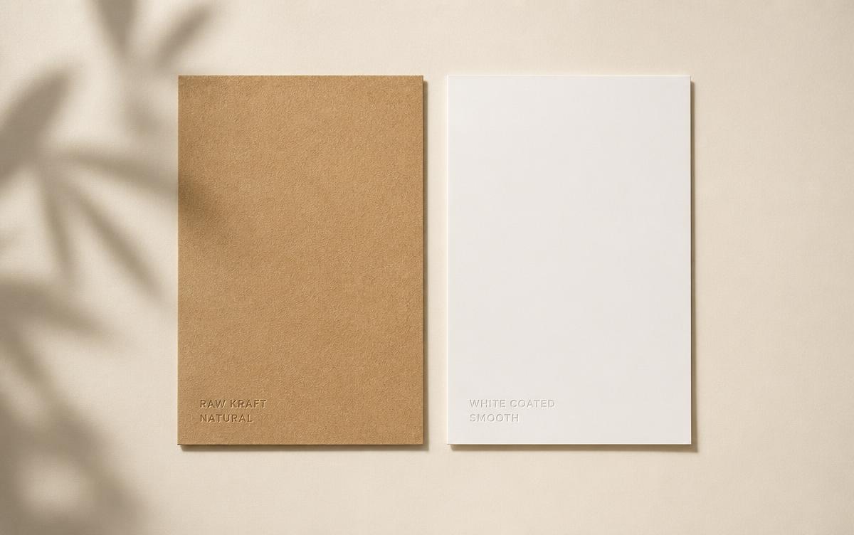 Raw kraft and white coated board swatches side by side