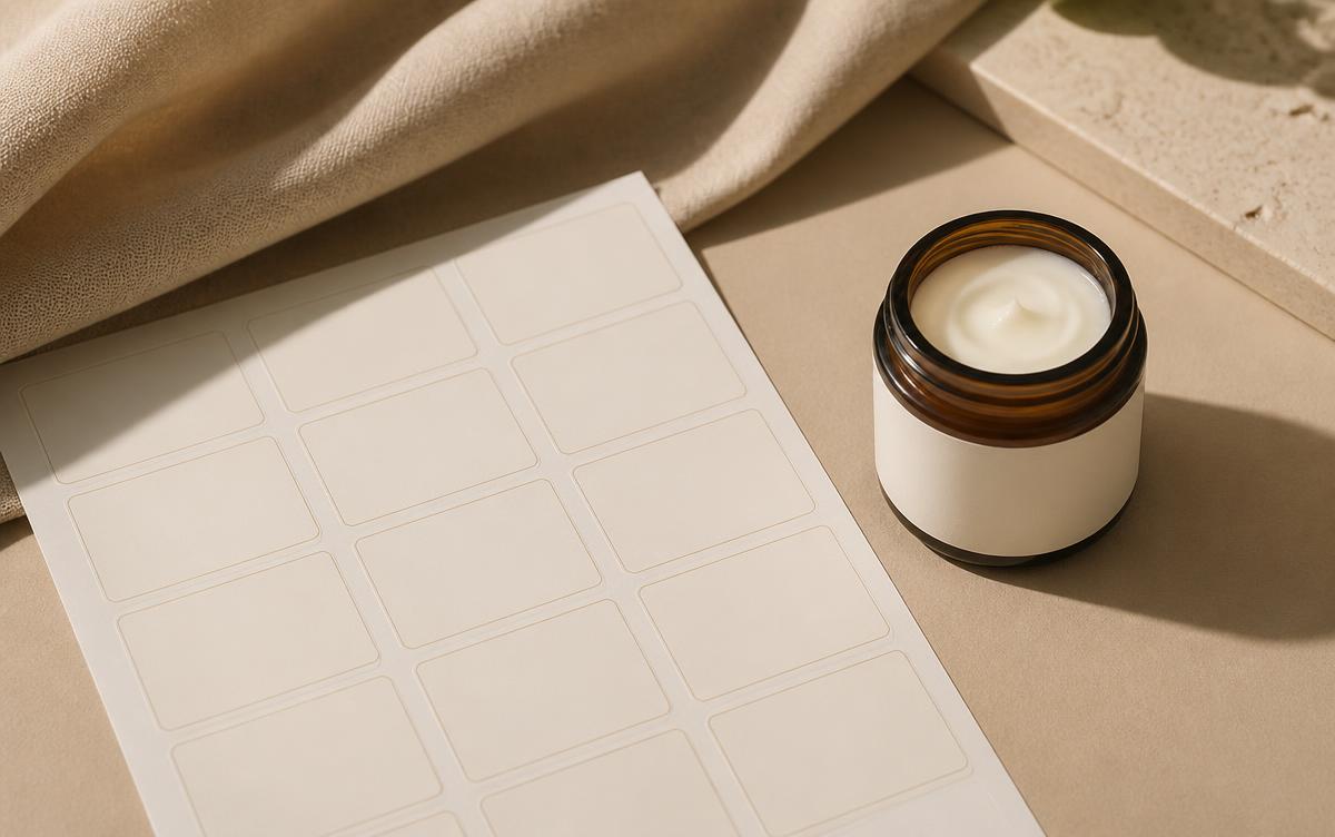 Blank label sheet beside a cosmetic jar