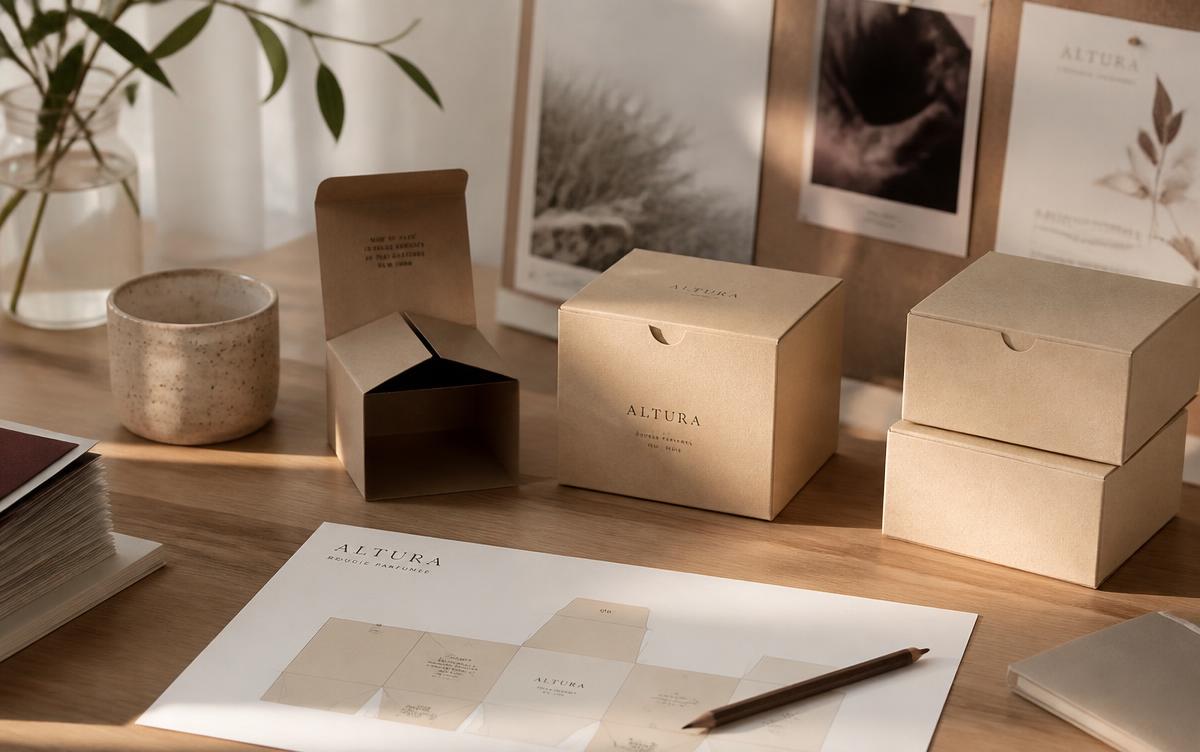 Kraft sample boxes and a dieline printout on a designer's desk
