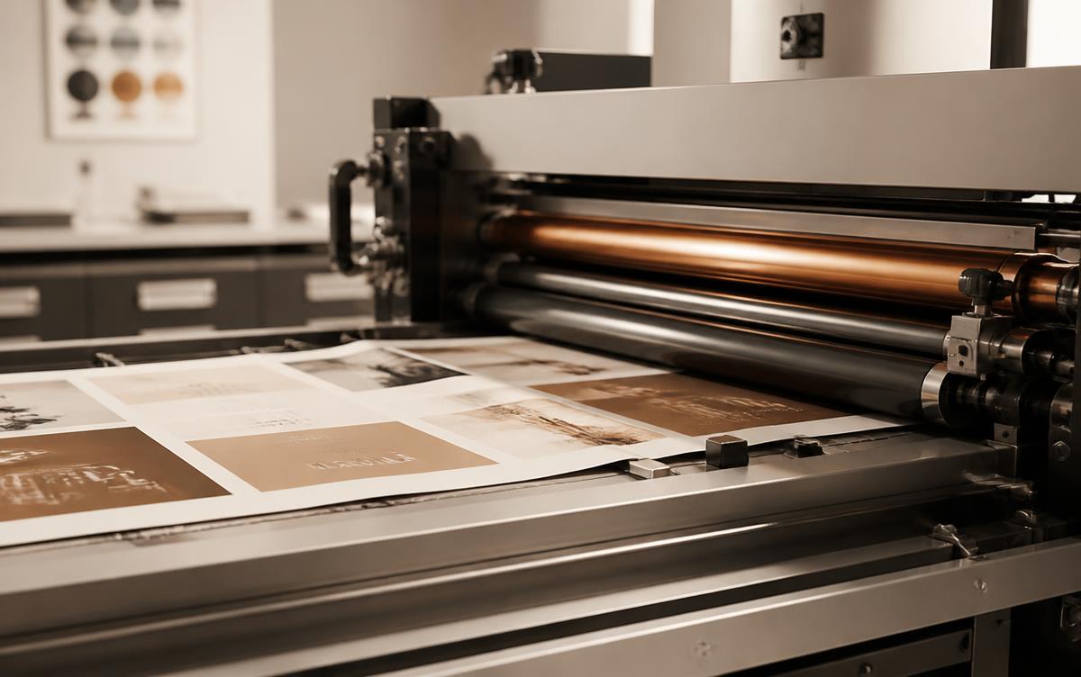 Printing press rollers running printed sheets