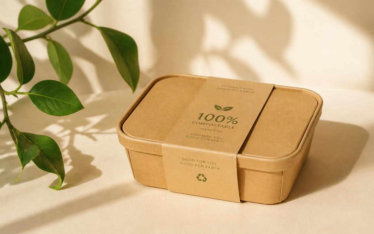 Compostable kraft food container beside green leaves
